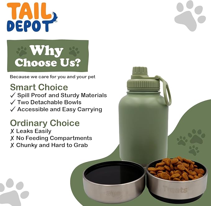 Tail Depot Snack Tank Dog Water Bottle Portable, Pet Water Bottles for Puppy with Food Container, Leak Proof Pet Dispenser for Cats, Small Animals, Dog Gift Accessories Walking, Hiking (1 Liter)