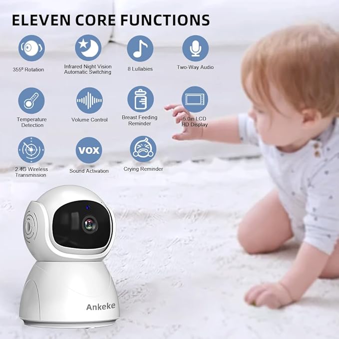 720P Smart Baby Monitor 5.0-inch LCD Display, Two-Way Audio, Night Vision, Temperature Detection, 8 Lullabies, 355° Rotation, 2.4G Wireless 4X Digital Zoom No WiFi