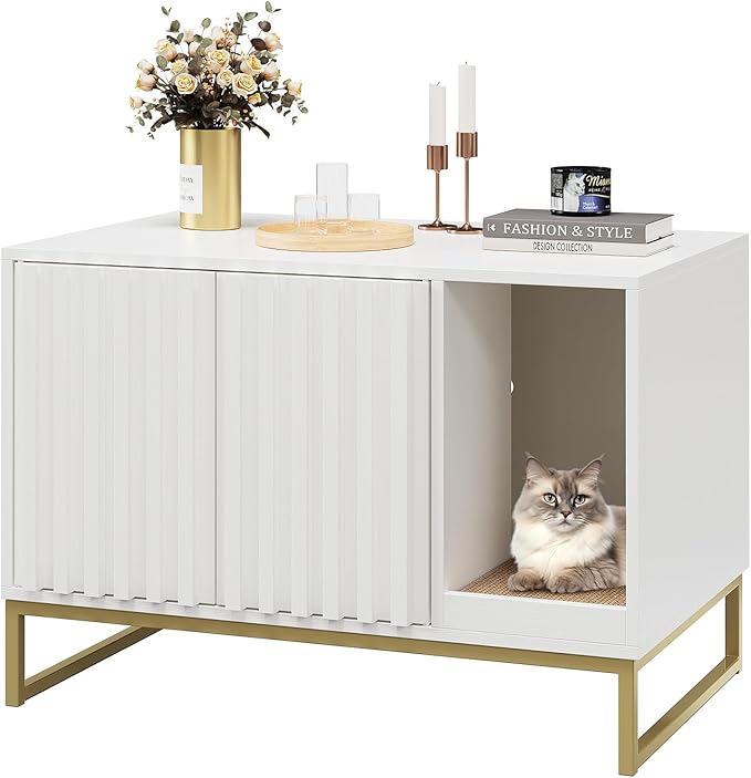 Litter Box Enclosure, Modern Cat Litter Box Furniture Hidden Litter Box with Scratch Pad, Cat Washroom House End Table, Entryway Bench for Livingroom (White)