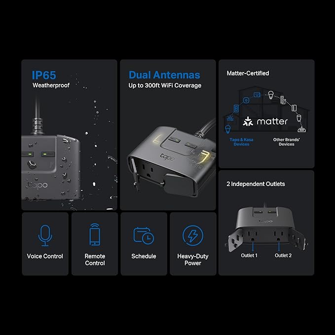 TP-Link Tapo Matter Outdoor Smart Plug, 2 Individual outlets, IP65 Weather Resistance, Works with Apple Home, Alexa, Google Home, Long Wi-Fi Range, 2.4G Wi-Fi Only, ETL Certified(Tapo P400M)