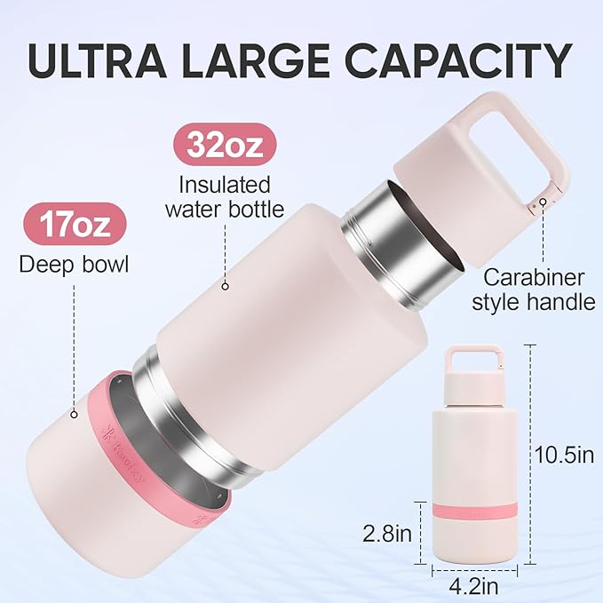 Insulated Dog Water Bottle with Travel Bowl, Dog Lover Gift, Portable Water Bottle Dispenser, Accessories for Car, Hiking, Camping, Outdoor, Leak-Proof, Detachable (Pale Pink)