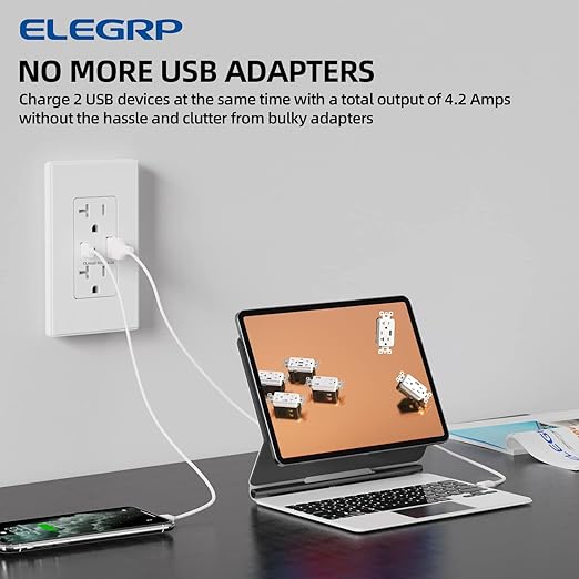 ELEGRP USB Charger Wall Outlet, USB Receptacle with Type A & Type C USB Ports, 20 Amp Duplex Tamper Resistant Receptacle Plug, Wall Plate Included, UL Listed (2 Pack, Matte White)