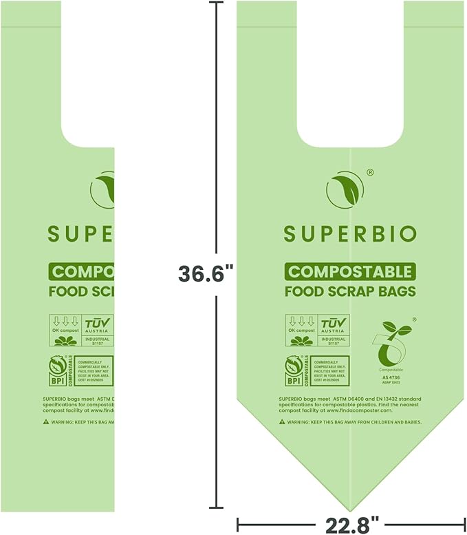 SUPERBIO 13 Gallon Compostable Kitchen Waste Bags with Handles, Food Scrap Bags Certified by BPI, OK compost INDUSTRIAL, 30 Count, 49.2L