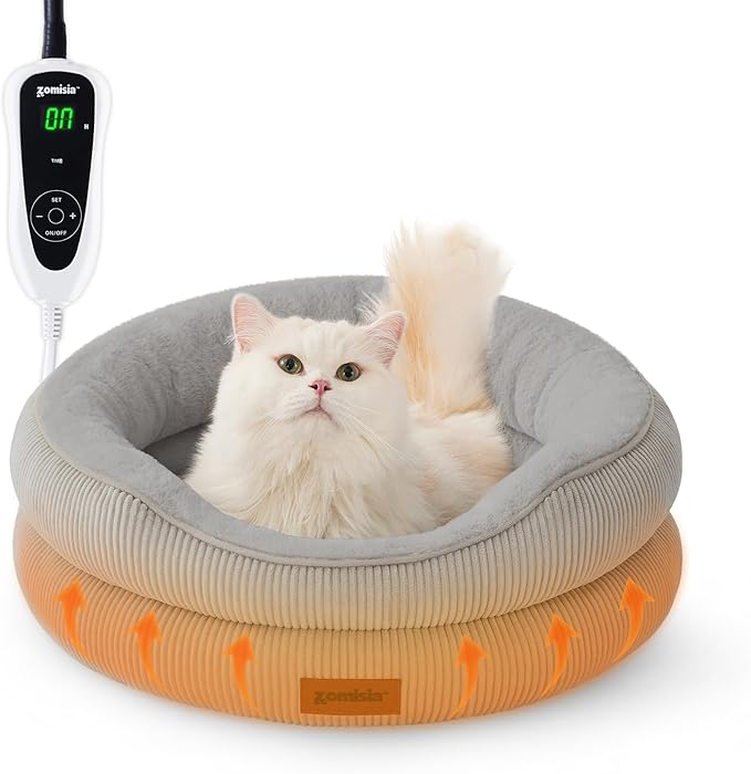 Heated Cat Bed Indoor - Adiustable Temperature Pet Heating Bed with Timer and Chew Resistant Cord, Washable Puppy Bed with Non-Slip Bottom, 21" x 21" x 8", Grey