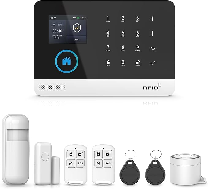 PGST WiFi Home Alarm System,2.4" Colorful Screen Home Security System,8 Pieces Wireless Burglar Door Alarm Kits,Motion Detectors,Siren,4G SMS/Phone Tuya APP Instant Alerts for Home,Villa,Apartment