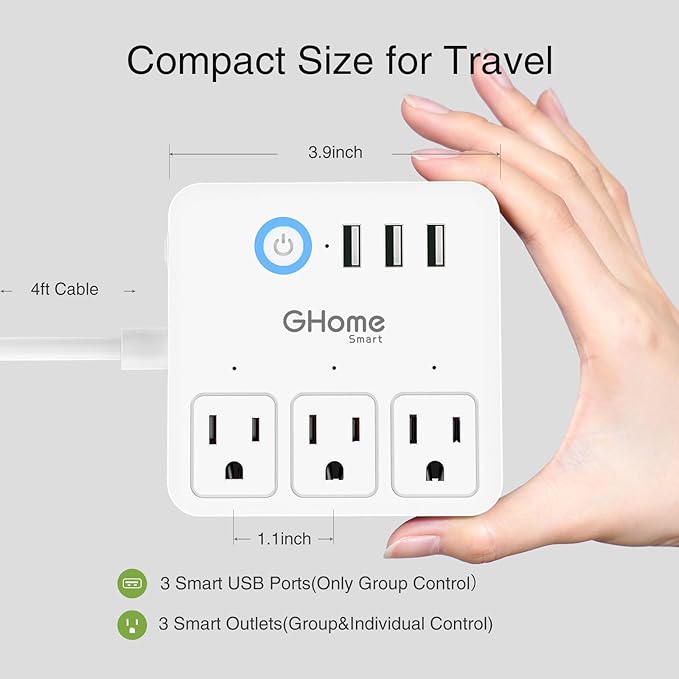 GHome Smart Power Strip Surge Protector 10A, Smart Plug That Works with Alexa & Google Home, 6 in 1 WiFi Outlets with APP Control, White Extension Cord 2.4G WiFi Only, ETL FCC Listed, No Hub Needed