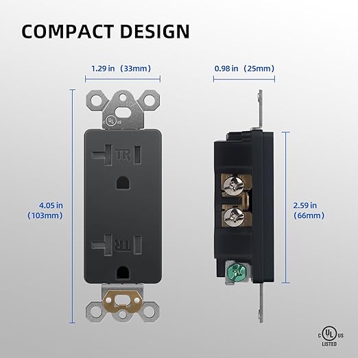 Black Decorator Receptacle with Wall Plate, Standard Tamper Resistant Electrical Wall Receptacle Outlet, 20A 125V, UL Listed, 10 Pack