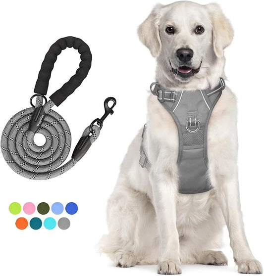 PoyPet No Pull Dog Harness and 5 Feet Leash Set, Release on Neck Reflective Adjustable Pet Vest, Front & Back 2 D-Ring and Soft Padded Pet Harness with Handle for Small to Large Dogs(Grey,L)