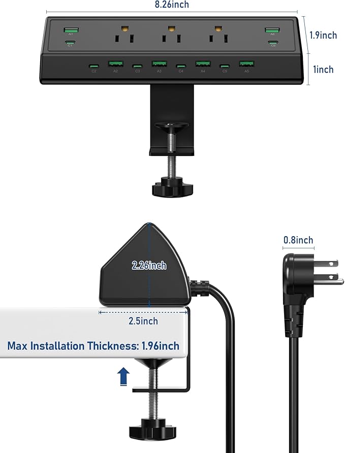 Jgstkcity 90W Desk Clamp Power Strip,12 USB Ports (6 PD 45W USB-C),Surge Protector,ETL Listed Power Hub Extension Cord,Fast Charging Station for Home Office Desk Edge Mount (Black,12 USB-90W)