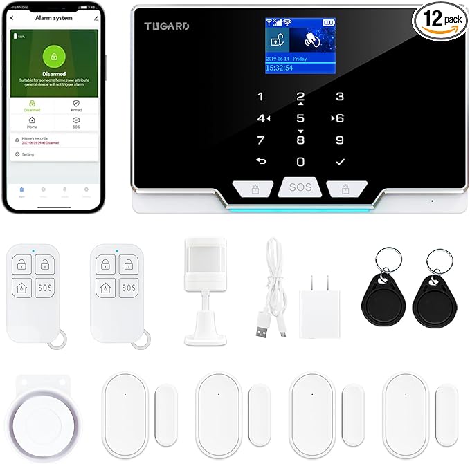 Alarm Security with Phone APP Alert,1.8" TFT Colorful Screen Smart Home Security System 12Pieces Kits,Monitor Sensor,Remote Controls,Compatible with Alexa and Assistant for Home Apartment Villa,Black