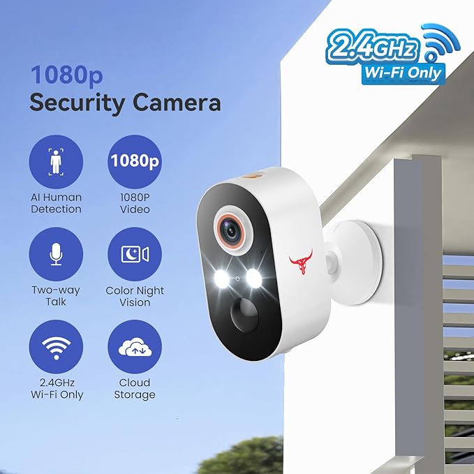 1080p Wireless Security Camera, 2.4GHz Wi-Fi Only, Color Night Vision, AI Human Detection, PIR Motion Detection, 2-Way Talk, Outdoor Surveillance Bullet Cam, No Solar Panel Included (1 Pack)