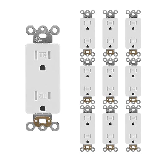 15 Amp Standard Decorator Electrical Wall Outlet, Tamper Resistant Wall Receptacle, 3 Prong Socket, Easy Install, White, 10 Pack