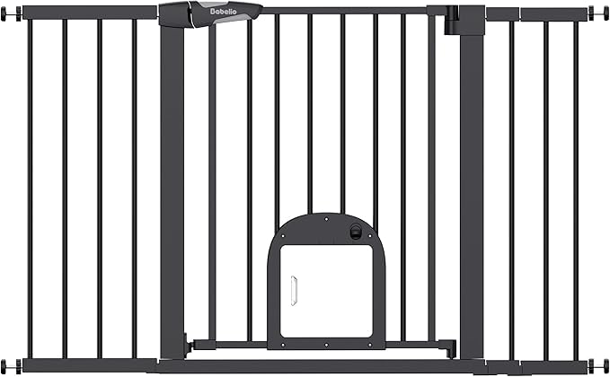 Babelio 36.5-57" Extra Wide Baby Gate with Cat Door,Auto Close&Two Way Swing,Pressure Mounted Dog Gates for Stairs,Doorways,Includes 4 Wall Cups and 3 Extension Pieces,Black