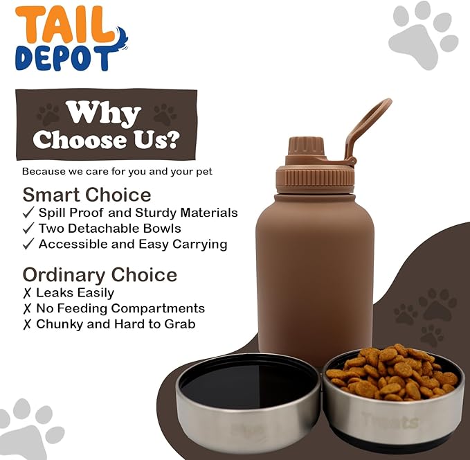 Tail Depot Snack Tank Dog Water Bottle Portable, Pet Water Bottles for Puppy with Food Container, Leak Proof Pet Dispenser for Cats, Small Animals, Dog Gift Accessories Walking, Hiking (1 Liter)