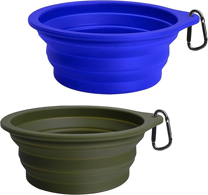 PetBonus 2-Pack Large Silicone Collapsible Dog Bowls, 34oz/1000ml BPA Free Portable Foldable Travel Bowl for Pet Cat, Food Water Feeding Dish for Camping with 2 Carabiners (Army Green, Blue)