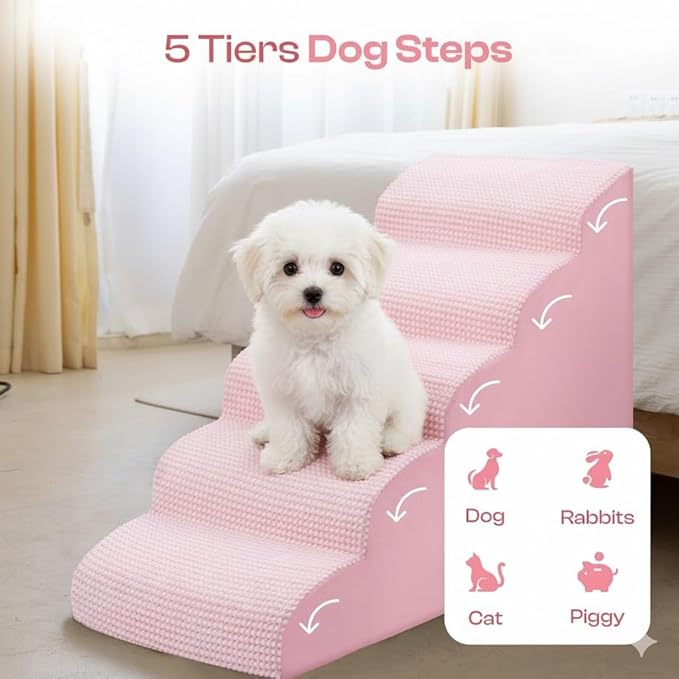 Curved Dog Stairs for High Bed Up to 26", 5-Step Dog Ramp for Small Dogs with Washable Cover, Non-Slip Steps for Cats to Get on Couch and Sofa, Durable Foam Ladder for Medium Breeds, White Pink