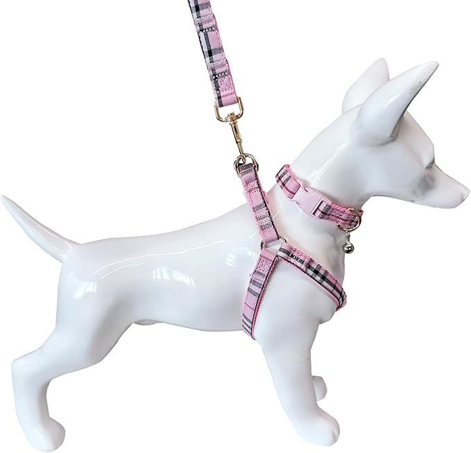 Cute Plaid Dog Collar Harness and Leash with Safety Buckle - Adjustable and No Pull Comfortable Dog Collars for Small Puppy, Stylish Durable Gift for Boy Girl Pets