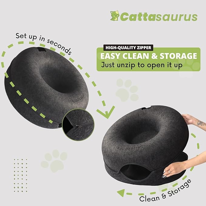 Cattasaurus Peekaboo Cat Cave Donut for Multiple & Large Cats up to 30-45 lbs, 3-in-1 Self Warming Cat Bed, Tunnel & Scratcher for Indoor Cats, Washable & Detachable (Dark Gray + Dark Gray, Large)