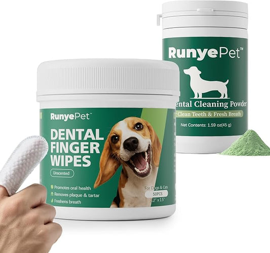 Deep Dental Cleaning Kit for Dogs & Cats – Pet Plaque Removal Powder & 50 Dental Care Wipes – Natural Formula with Probiotics for Fresh Breath & Healthy Teeth (Cleaning Kit, 50ct+45g)