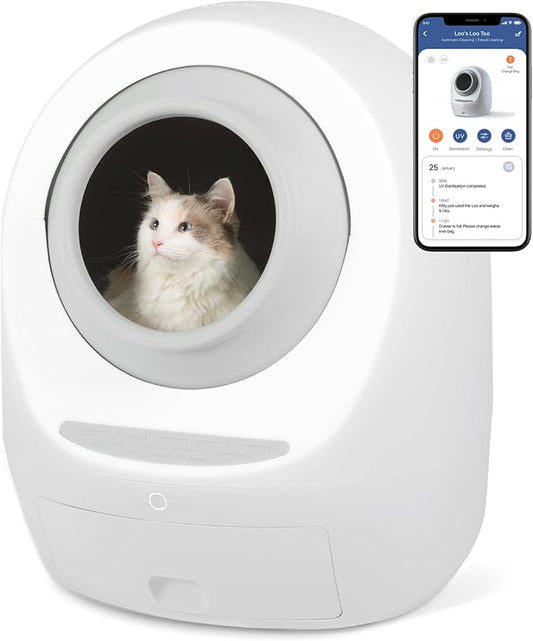 Casa Leo Leo’s Loo Too Self-Cleaning Cat Litter Box, Wi-Fi App Control, <30 dB Whisper-Soft, Anti-Pinch Sensors, UV Odor Defense, Health Monitoring, Large 24 × 22 × 27.6 in