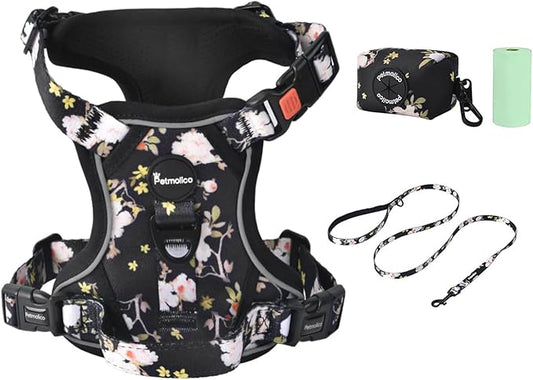 Petmolico No Pull Dog Harness Set, 4 Leash Attchment Easy Control Handle Reflective Vest Dog Harness for Small Breed,Harness and Leash Set with Poop Bag Holder, Small Yellow Peach Blossom