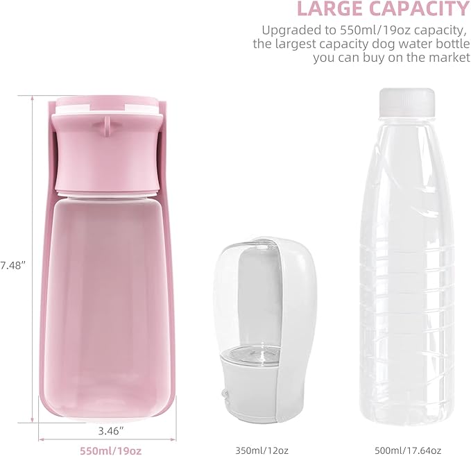 Portable Dog Water Bottle for Walking 19 OZ or 12 OZ Portable Pet Water Bottles for Puppy Small Medium Large Dogs Water Dispenser Pet Water Bowl Dog Accessories(19OZ Pink)