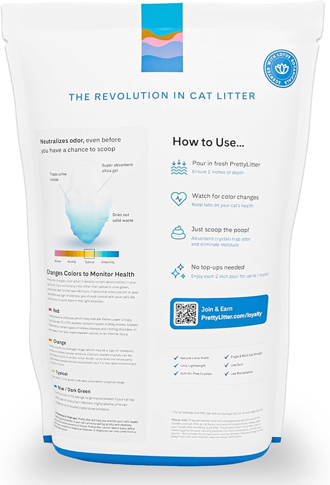 PrettyLitter Health Monitoring Cat Litter (Lotus Flower, Non Clumping) | Lightweight & Low Tracking, Color Changing Silica Gel Crystals, Advanced Odor Control — 6 Lbs, Pack of 1 (One Month Supply)