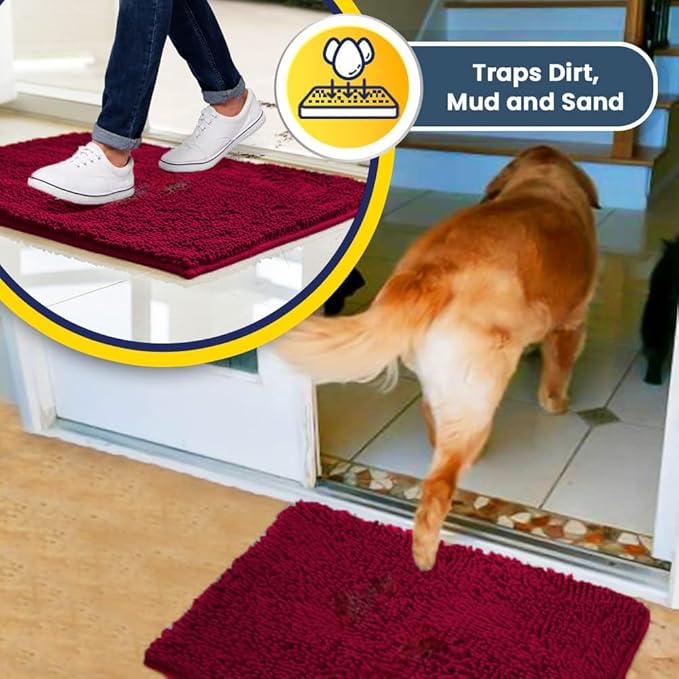 Muddy Mat® | Super Absorbent Door Mat Indoor, Microfiber Quick Dry Chenille Entryway Rug, Non-Slip Front Door Mat, Indoor Mats for Entryway, Machine Washable Pet Rug, Maroon 24"x36"
