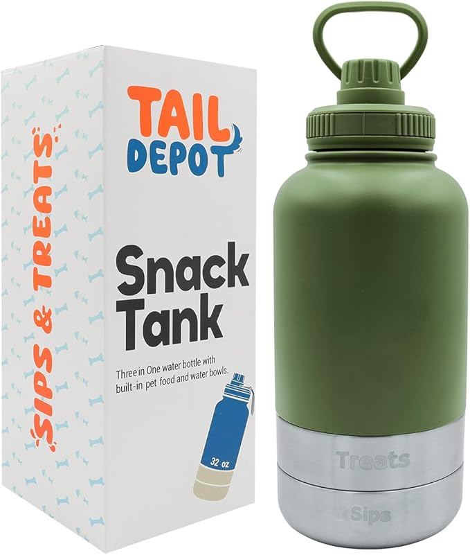 Tail Depot Snack Tank Dog Water Bottle Portable, Pet Water Bottles for Puppy with Food Container, Leak Proof Pet Dispenser for Cats, Small Animals, Dog Gift Accessories Walking, Hiking (1 Liter)