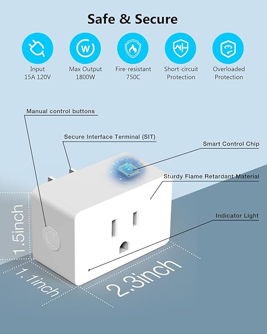 DAYBETTER Smart Plug 15A/1800W, Smart Plugs That Compatible with Alexa and Google Home, 2.4GHz WiFi Bluetooth Alexa Smart Plugs, Smart Outlet with APP Control, Timer & Schedule, 2Pack