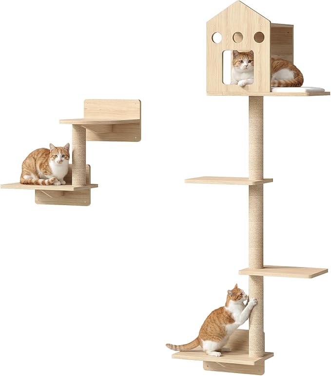 HOOBRO Cat Wall Shelves, Set of 2 Cat Wall Furniture, Wood Wall Mounted Cat Shelves with House, Steps, Scratching Posts and Perch, Space-Saving Shelves for Indoor Cats, Natural NL47CS03