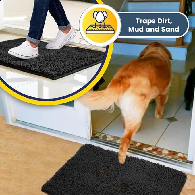 Muddy Mat® AS-SEEN-ON-TV Highly Absorbent Microfiber Door Mat and Pet Rug, Non Slip Thick Washable Area and Bath Mat Soft Chenille for Kitchen Bathroom Bedroom Indoor and Outdoor - Charcoal 24" x 72"