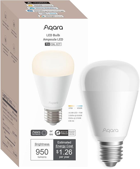 Aqara Thread/Zigbee Smart LED Light Bulb T2 E26, Tunable White (2700K-6500K), 75W Equivalent, Matter, Works with HomeKit, Alexa, Google & More