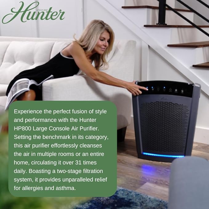 Hunter HP800 Air Purifiers for Home Large Room and Bedroom. True HEPA Air Purifier for Pets, Odors, Allergens, Smoke, Dust, VOC's. 4 Fan Speeds, Quiet Sleep Mode. Cleans 2585 Ft² per Hour. Black