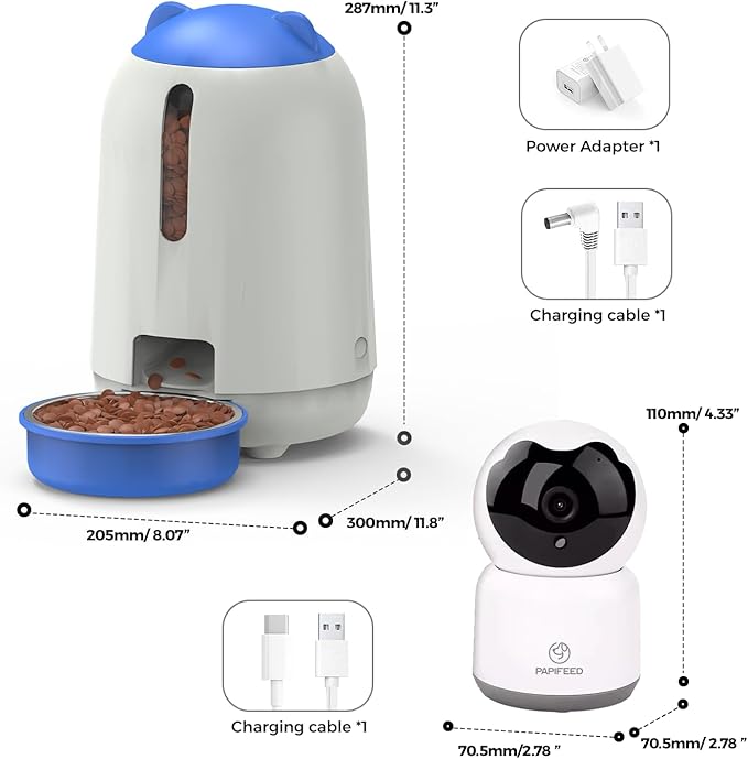 PAPIFEED 3L Automatic Cat Feeder and External Camera, 2.4G WiFi Auto Pet Feeder with App Control and Dual Power Supply, 1080P HD Video with Enhanced IR Night Vision, Two-Way Voice Call Camera, Blue
