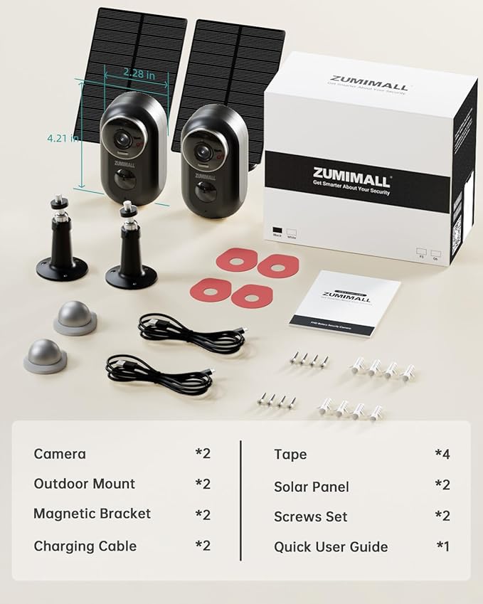 ZUMIMALL Solar Security Cameras Wireless Outdoor, 2Packs, Solar Camera Outdoor Wireless, 2.4G WiFi Battery Camera, 3MP Color Night Vision, Magnetic Mount, Siren,PIR/AI Analyse, IP66, Cloud, Alexa