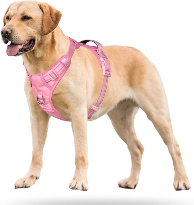 PoyPet No Pull Dog Harness, No Choke Reflective Dog Vest, Adjustable Pet Harnesses with Easy Control Padded Handle for Small Medium Large Dogs(Light Pink Matching Trim,L)