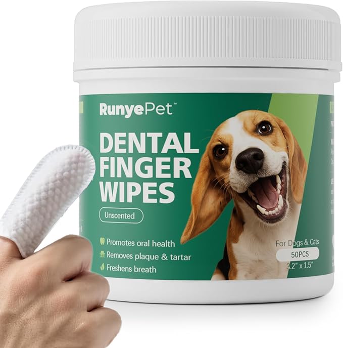 Pet Dental Finger Wipes for Dog & Cats, Remove Bad Breath by Removing Plaque and Tartar Buildup No-Rinse Dog Finger Toothbrush, Disposable Gentle Cleaning & Gum Care Pet Wipes, 50 Counts