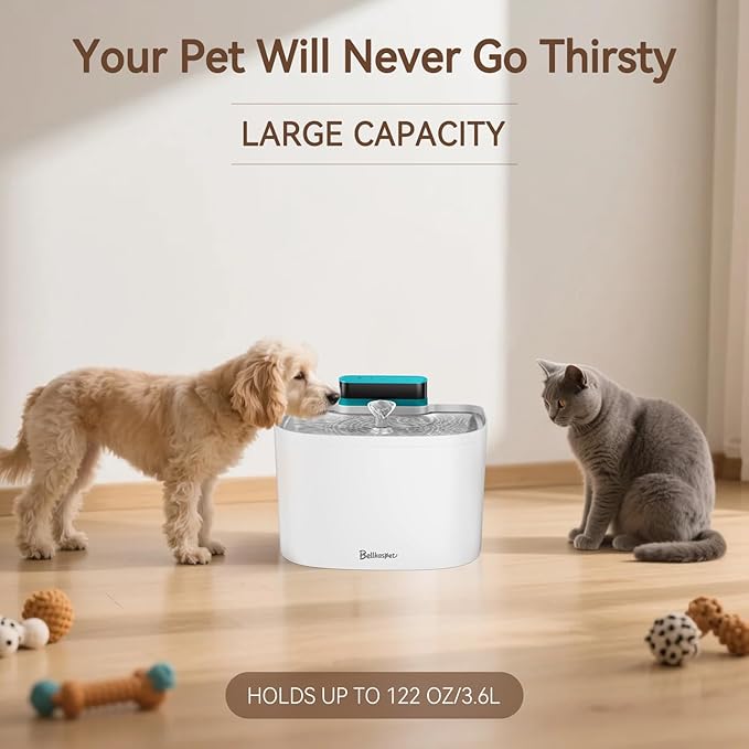 Cat Water Fountain, App Control Wireless Cat Fountain, 122oz/3.6L Pumpless Water Fountains for Cats Indoor with Stainless Steel Tray, Wi-Fi Dog and Pet Water Fountain (White, Fountain+2 Fliters)