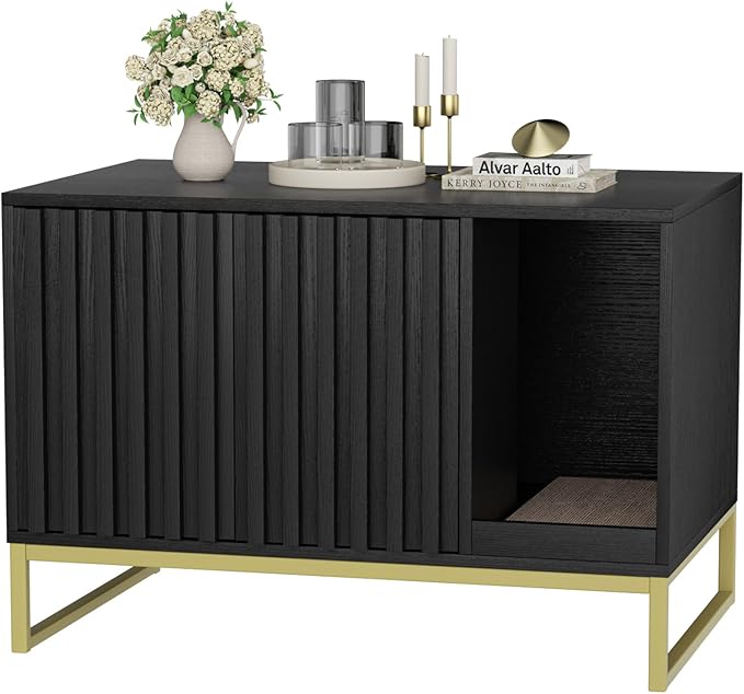 Litter Box Enclosure, Modern Cat Litter Box Furniture Hidden Litter Box with Scratch Pad, Cat Washroom House End Table, Entryway Bench for Livingroom (Black)