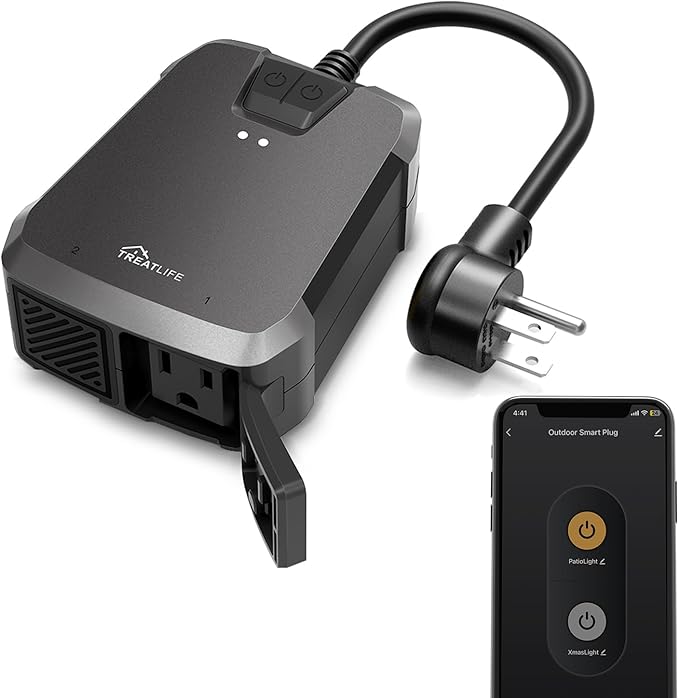TREATLIFE Outdoor Smart Plug with 2 Individual Control Outlets, IP64 Weather Resistance, Smart Home Outlet Timer Compatible with Alexa, Google Home and SmartThings, 2.4GHz WiFi Only, No Hub Required