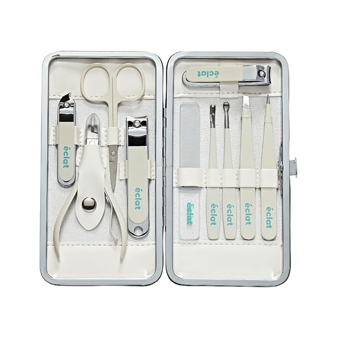 Éclat Manicure Pedicure Kit for Men & Women, 10Pcs Finger & Toe Nail Care Tools Includes Nail Clipper Cutter, Tweezer, File, Cuticle Pusher, Personal Care Professional Grooming Set With Travel Case
