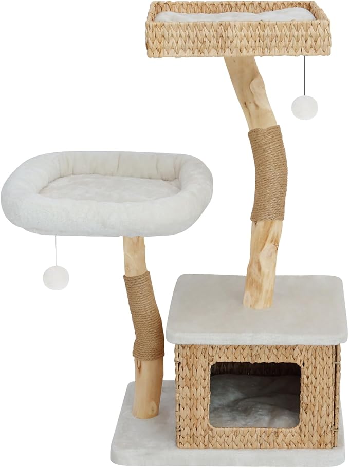 Modern Cat Tree Tower for Indoor Cats - Multi-Level Solid Wood Cat Condo w/Caves, 2 Large Perches, Scratching Posts, Hanging Toy for Large Cats Adult - Luxury Boho Pet Furniture