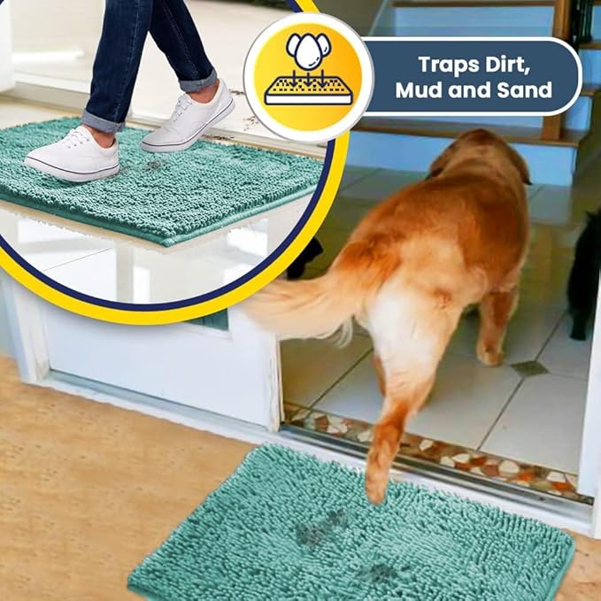 Muddy Mat® Shown on TV–Super Absorbent Microfiber Dog Door Mat for Muddy Paws, Non-Slip Washable Pet Rug, Quick Dry Chenille Entryway Carpet, Machine Washable Indoor Outdoor mat–Seafoam Green 59"x24"