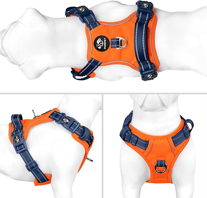 PHOEPET No Pull Dog Harness, Unique Colors Reflective Adjustable Dog Vest, with Soft Training Handle Metal Clips for Small Medium Large Dogs (Orange Base & Blue Straps,L)