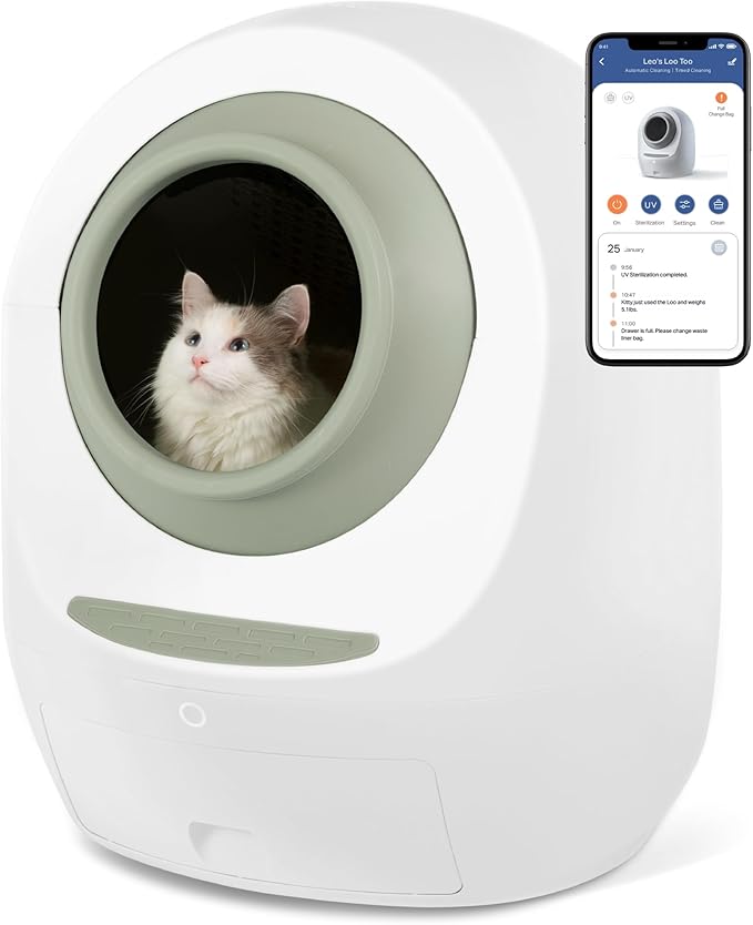 Casa Leo Leo’s Loo Too Self-Cleaning Cat Litter Box, Wi-Fi App Control, <30 dB Whisper-Soft, Anti-Pinch Sensors, UV Odor Defense, Health Monitoring, Large 24 × 22 × 27.6 in