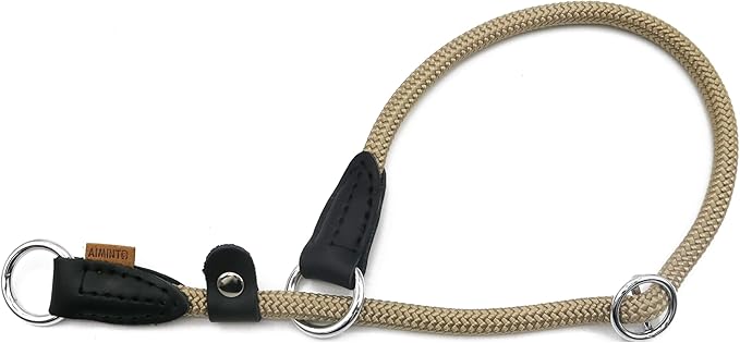 Braided Round Martingale Dog Collar, Training Collar with Slidable Stop Ring and Adjustable Stopper - Ideal for Medium Dogs (M(1/3") - 18" Long, Khaki)
