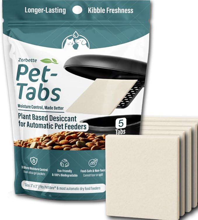 New - Pet-Tabs by Zorbette – High Capacity Plant Based Desiccant for Automatic Pet Feeders, Keeps Dry Pet Food Fresh, Food-Safe & Reusable Moisture Absorber, Fits Petlibro & Similar Feeders (3x3 Inch)