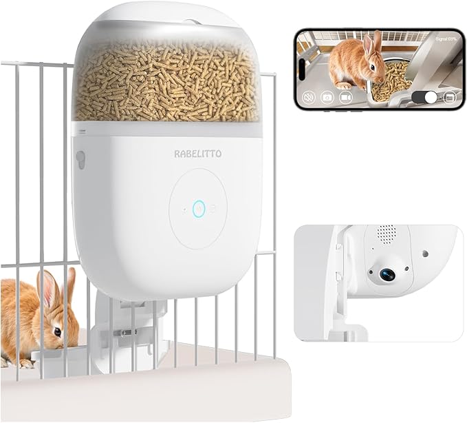 Hanging Automatic Rabbit Feeder with 1080P HD Camera,WiFi Smart APP Control 1-10 Meals A Day, 62oz Storage, Multiple Pet Cage Compatibility, Small Animal Food Dispenser for Bunny Chinchilla Guinea Pig