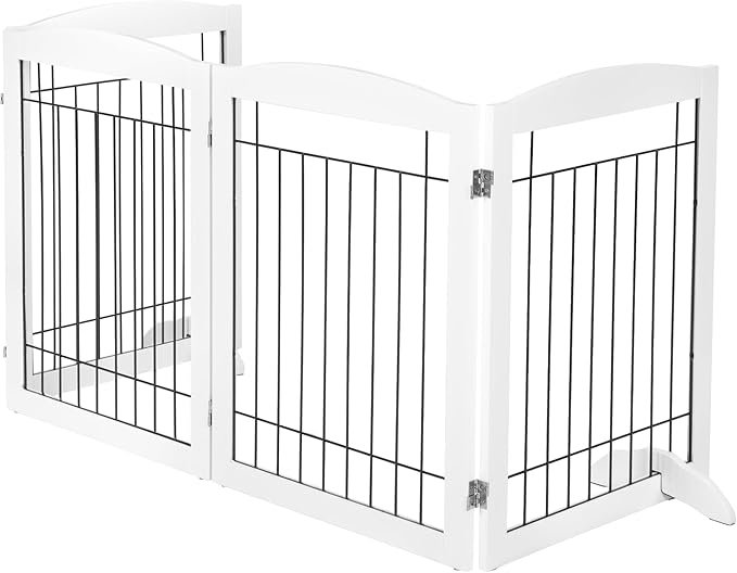 PAWLAND Extra Wide Dog gate for The House, Doorway, Stairs, Dog Fences Indoor, Freestanding Foldable Wooden Pet Gates for Dogs, Set of Support Feet Included, 96 in Wide 30 in Tall, 4 Panels White